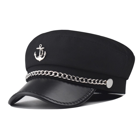 Cappello Da Capitano Marinaio Stile Navale Berretto Piatto Con Ancora In Metallo E Decorazione A Catena Tesa In Pelle PU Moda Britannica