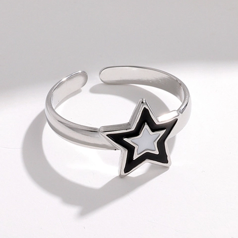 Minimalistischer Sternform Legierung Offener Ring Für Frauen Verstellbar Silberfarbe Schwarz Weiß Doppelschicht Stern Schmuck