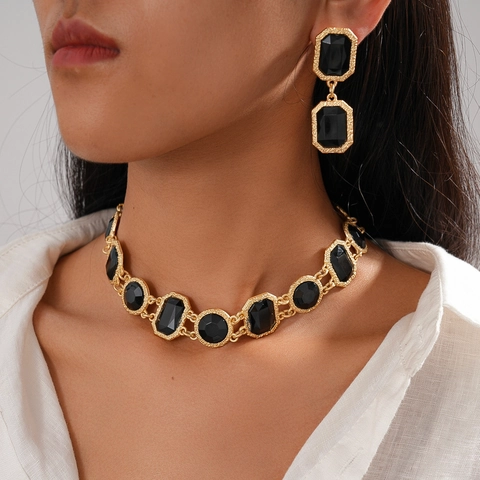Retro Geometric Black Crystal Necklace And Earrings Copper With Silver Earring Post Women Gothic Jewelry