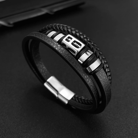 Pulsera De Cuero Trenzado Multicapa Para Hombre Con Amuletos Geométricos De Acero Inoxidable Estilo Retro Punk Joyería De Moda