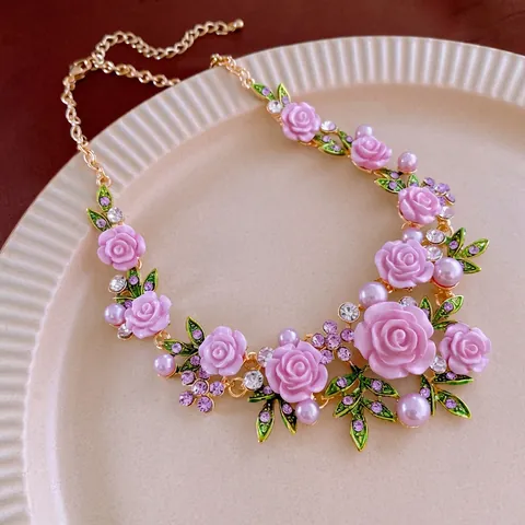 Romantic Rose Flower Necklace And Bracelet With Imitation Artificial Pearls Resin Petals Green Enamel Leaves For Women Fashion Jewelry