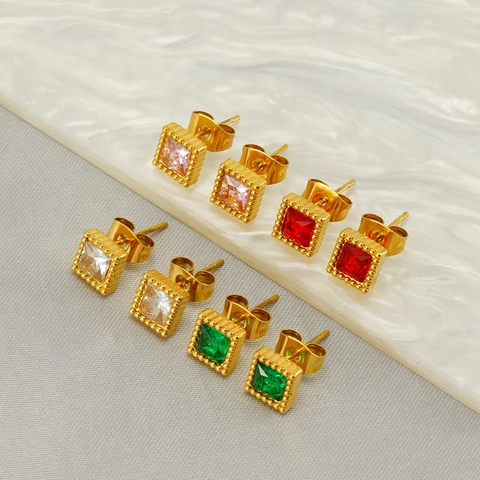 Vierkante Oorknopjes 18K Verguld Roestvrij Staal Zirkoon Parelrands Geometric Elegant Mode Dames Sieraden