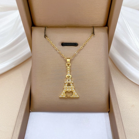 Collar con Colgante de Torre Eiffel Corazón Amor Cadena de Acero Inoxidable Cobre con Diamantes de Imitación Joyería de Moda