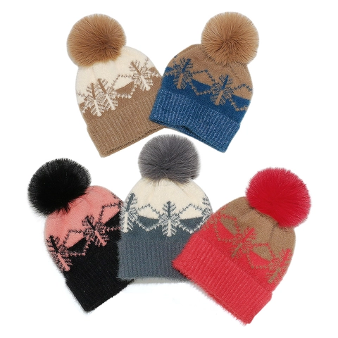 Gorro De Punto De Invierno Con Patrón Jacquard De Copo De Nieve Y Pompon De Piel Sintética Cálido A Prueba De Viento Mujer
