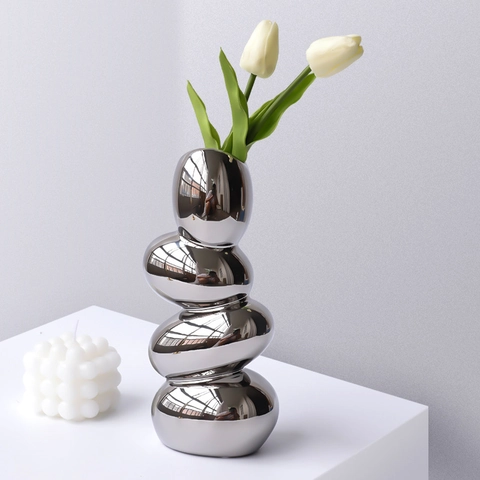 Ceramic Vase Modern Irregular Pebble Egg Shape Electroplated Silver Mirror Finish Desktop Ornament Home Decor