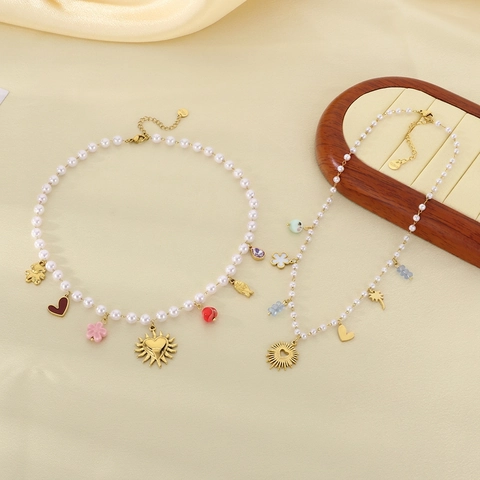 Collana Con Ciondolo In Acciaio Inossidabile Con Ciondoli A Cuore Fiore Orso E Künstliche Perle Sintetiche Gioielli Alla Moda Donna
