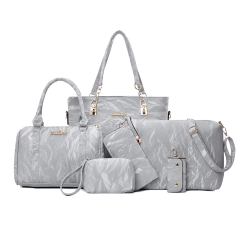 Juego de Bolsos para Mujer 6 Piezas Cuero PU Textura Arrugada Gran Capacidad Bolsa Tote Bandolera Cartera Para Viaje Diario