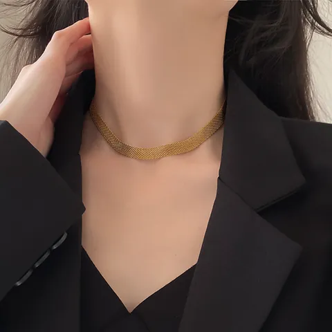 Mesh Kette Halskette Und Armband 18K Vergoldeter Edelstahl Flach Geflochten Minimalistischer Vintage Schmuck Für Damen