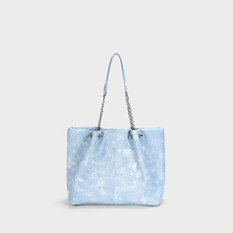 Grote Capaciteit Denim Textuur PU Leer Tote Bag Dames Ketting Schouderband Klinknagels Elegante Dagelijkse Tas