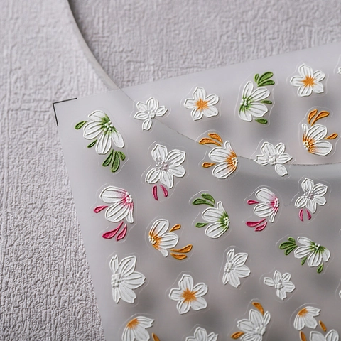 Embossed Nail Art Stickers White Camellia Flower Design PET Self Adhesive DIY Manicure Decor Accessories