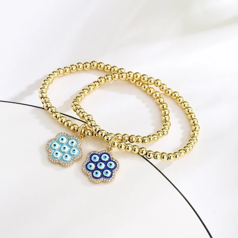 Evil Eye Blume Anhänger Armband Kupfer 18K Vergoldet Zirkon Emaille Gold Perlen Boho Luxus Schmuck Für Frauen