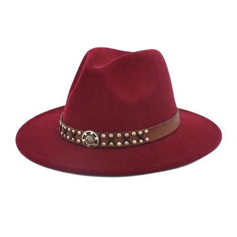 Wide Brim Fedora Hat Woolen Felt Retro Western Style Leather Band Metal Rivets Medallion Unisex Jazz Cap