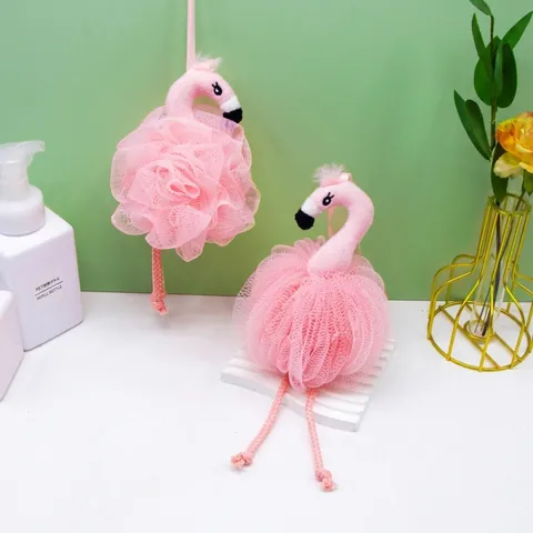 Balle De Bain Forme Animal Flamant Rose Éponge Loofah Filet PE Épurateur De Douche Avec Corde Suspendue Pour Enfants