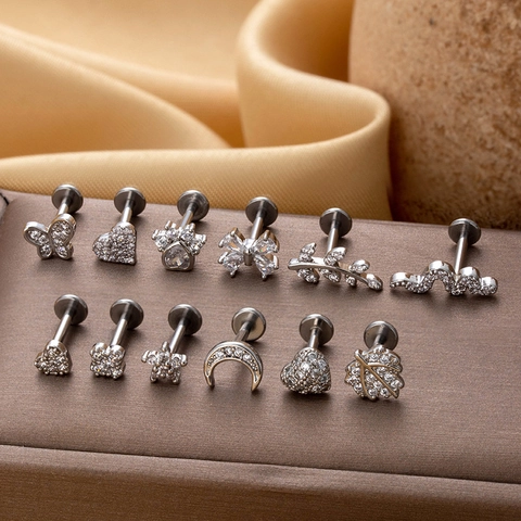 Stainless Steel Internal Thread Lip Stud Copper Cubic Zirconia Cartilage Piercing Flower Butterfly Snake Flat Back Stud