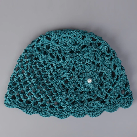 Gorro Beanie De Ganchillo Hecho A Mano Para Mujer Washi Tencel Algodón Flor Calada Perla Artificial Transpirable Verano Borde Ondulado