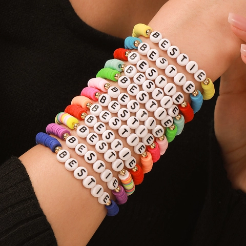 Polymer Clay Alphabet Bracelets Colorful Bestie Friendship Jewelry Y2K Bohemian Stackable Accessory For Women Girls