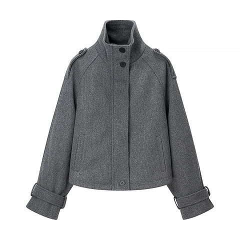 Women Short Woolen Coat Stand Collar Zipper Epaulettes Loose Winter Warm Casual Outerwear Jacket