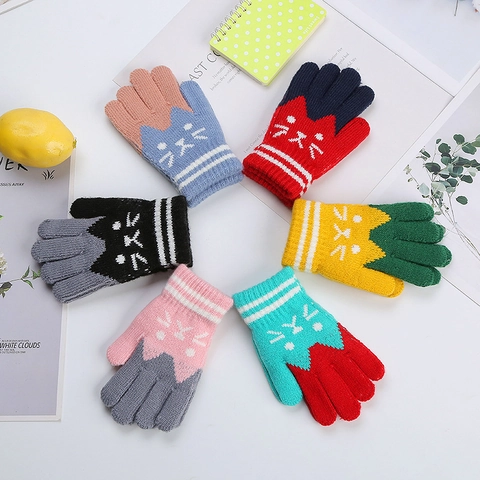 Guanti In Maglia Per Bambini Invernali Foderati In Pile Caldo Design Gatto Cartone Animato Per Ragazzi Ragazze
