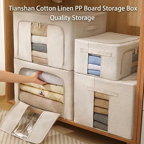 Foldable Storage Box Cotton Linen Fabric With Steel Frame PP Board Transparent Window Double Zipper Closet Organizer