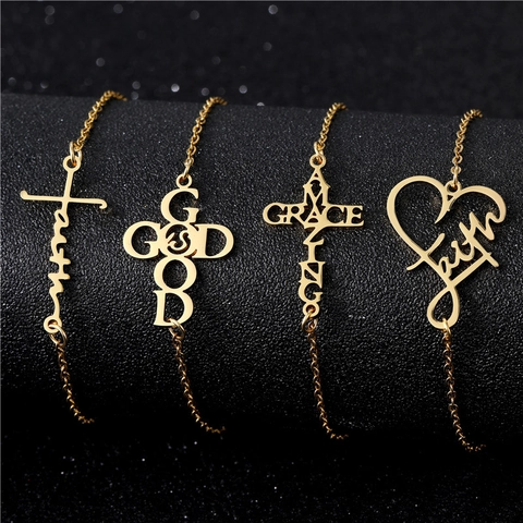 Bracciale In Acciaio Inossidabile Placcato Oro Pendente Cuore Cavo Croce Faith Amazing Grace Gioielli Religiosi Donna