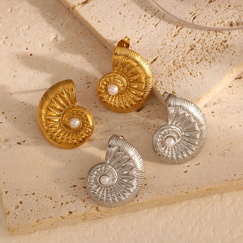 Nautilus Muschel Ohrstecker Edelstahl 18K Vergoldet Spirale Kunstperle Vintage Französischer Stil Damen