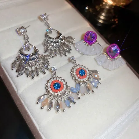 Vintage Ethnische Legierung Kristall Strass Quaste Ohrhänger Mit 925er Sterling Silber Ohrstecker Für Damen