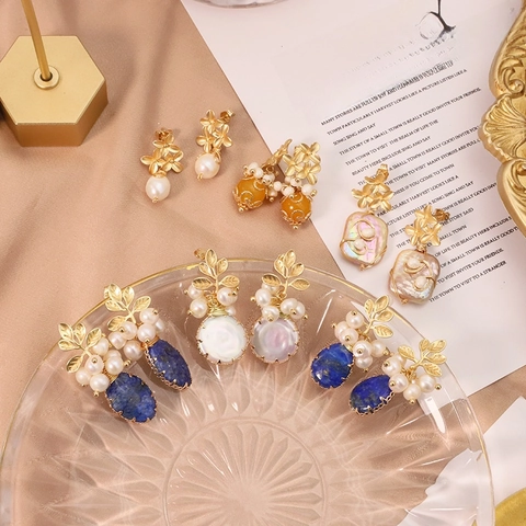 Artificial Baroque Pearl Earrings Natural Stone Dangle Drop 925 Sterling Silver Earring Post Vintage Gold Plated Flower For Women