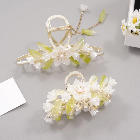Pinza Para El Pelo Flor Lirio De Los Valles Aleación Metal Borla Perla Artificial Blanca Hoja Acrílica Estilo Chino Mujer