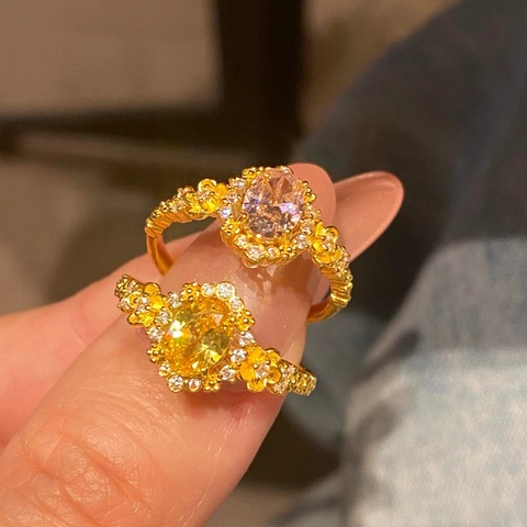 Anello Aperto In Zircone Ovale Vintage Rame Placcato Oro Fiore Anello Regolabile Per Donna Gioielli Da Dito Retrò