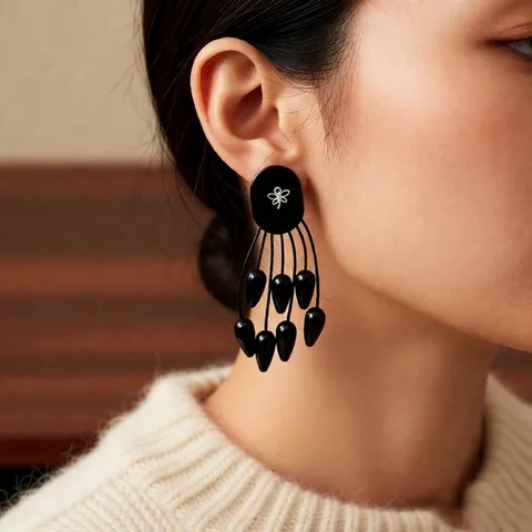 Black Tassel Dangle Earrings With 925 Sterling Silver Earring Post Resin Oval Wood Butterfly Detail Retro Jewelry For Women