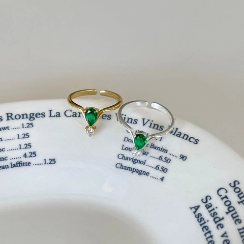 Adjustable 925 Sterling Silver Ring Green Pear Shaped Zircon Minimalist Korean Style Elegant Finger Jewelry