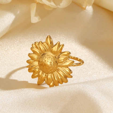 Sunflower Ring Stainless Steel Gold Plated Adjustable Open Band Fashion Jewelry For Women Flower Design