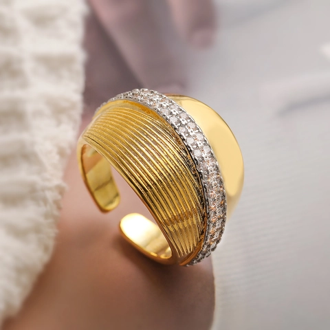 Brede Geometrische Open Ring Koper Verguld Micro Pave Zirkonia Verstelbare Vintage Sieraden Voor Dames