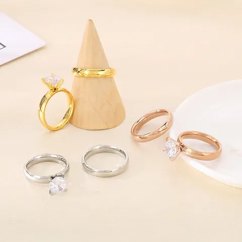 Stainless Steel Solitaire Ring And Plain Polished Band Cubic Zirconia Minimalist Classic Couple Wedding Jewelry