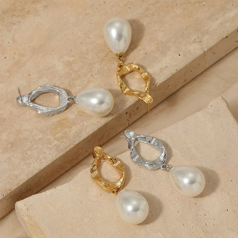 Edelstahl Wassertropfen Künstliche Perle Hängeohrringe Unregelmäßige Metallstruktur Wasserdicht Barock Vintage Chic Schmuck Für Damen