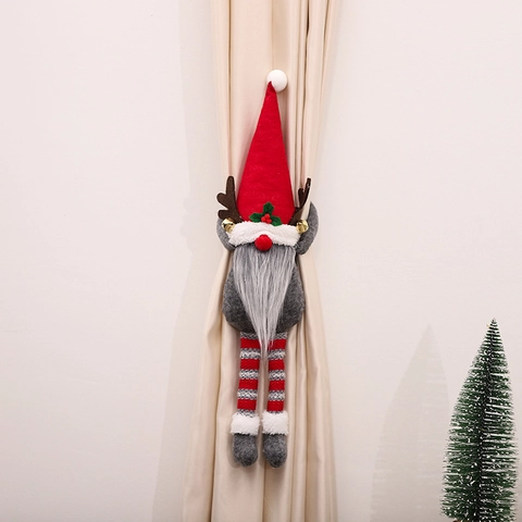 Christmas Gnome Curtain Tieback Reindeer Antlers Long Legged Tomte Doll With Bells Faux Fur Fabric Window Holiday Decor