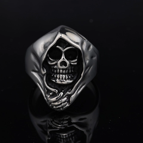 Gothic Skull Reaper Ring For Men Vintage Stainless Steel Punk Rock Biker Jewelry Antique Silver Color