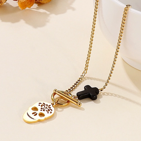 Anhänger Halskette Edelstahl Hohl Totenkopf Schwarz Türkis Kreuz OT Verschluss Punk Gothic Schmuck