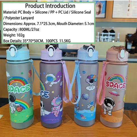 Astronaut Cartoon Frosted Water Bottle PC Plastic With Straw Bounce Lid And Portable Strap For Kids Students