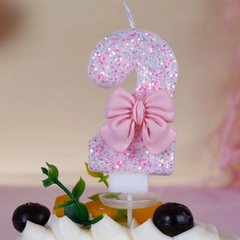 Pink Glitter Number Birthday Candles 0-9 With Bowknot Cake Topper Decoration For Kids Girl Party Paraffin Wax Sparkly