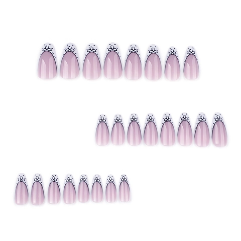 Faux Ongles Français Forme Amande Base Rose Bouts Blancs Nœud Papillon Design Pois Couverture Complète Ongles Artificiels