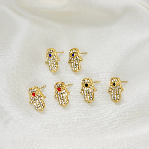 Hamsa Hand Evil Eye Stud Earrings 304 Stainless Steel 18K PVD Gold Plated Rhinestone Inlaid Jewelry For Women