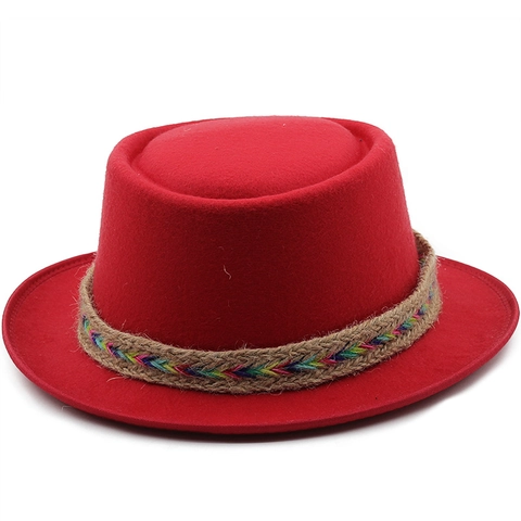 Vintage Wool Felt Pork Pie Fedora Hat With Colorful Ethnic Braided Band British Style Flat Top For Men Women