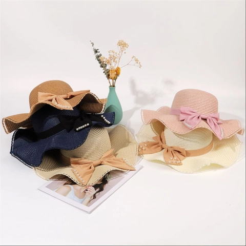 Straw Bucket Hat Women Wide Brim Sun Protection Beach Summer Vacation Elegant Bow Artificial Pearl Lace Wavy Edge