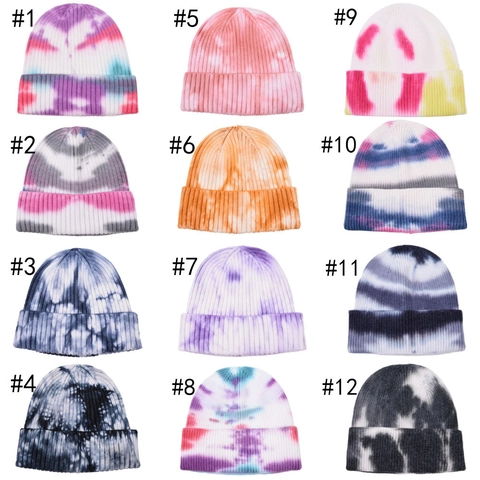 Tie-Dye Knitted Beanie Hat Cotton Ribbed Warm Winter Cuff Cap For Women Men Outdoor