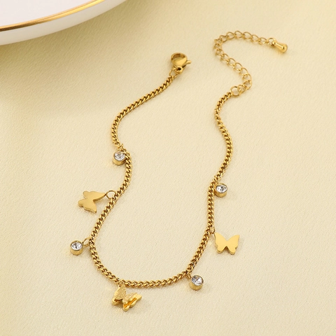 Edelstahl Doppelreihiges Schmetterling Fußkettchen Mit Künstliche Perlen Und Zirkonia Elegantes Sommer Strand Fußschmuck Für Damen