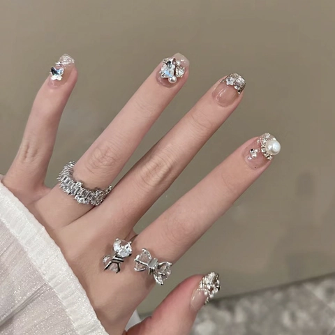 French Glitter Press On Nails With Artificial Pearl Rhinestone Butterfly Pink Nude Square False Nails Elegant Manicure For Women