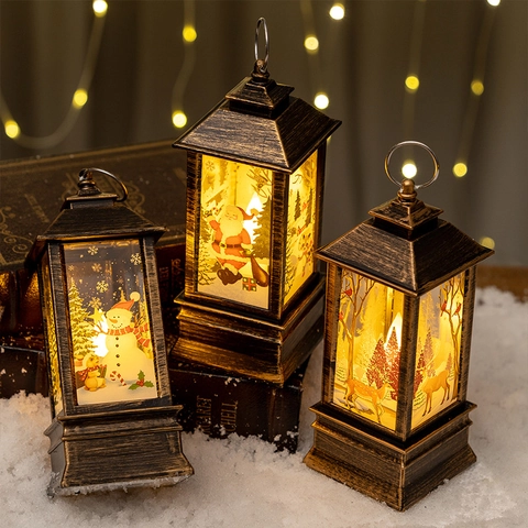 Vintage Christmas LED Lantern Bronzed Decorative Storm Night Light With Hanging Ring For Holiday Home Decor Party