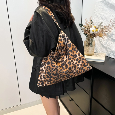 Bolso Tote Con Estampado De Leopardo Para Mujer Gran Capacidad Lona Bolso De Hombro Moda Informal Street Style Hobo De Mano