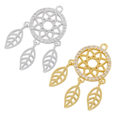 Dreamcatcher Anhänger Kupfer Vergoldet Zirkonia Hohl Ahornblatt Quaste Schmuckherstellung Waldstil Damen